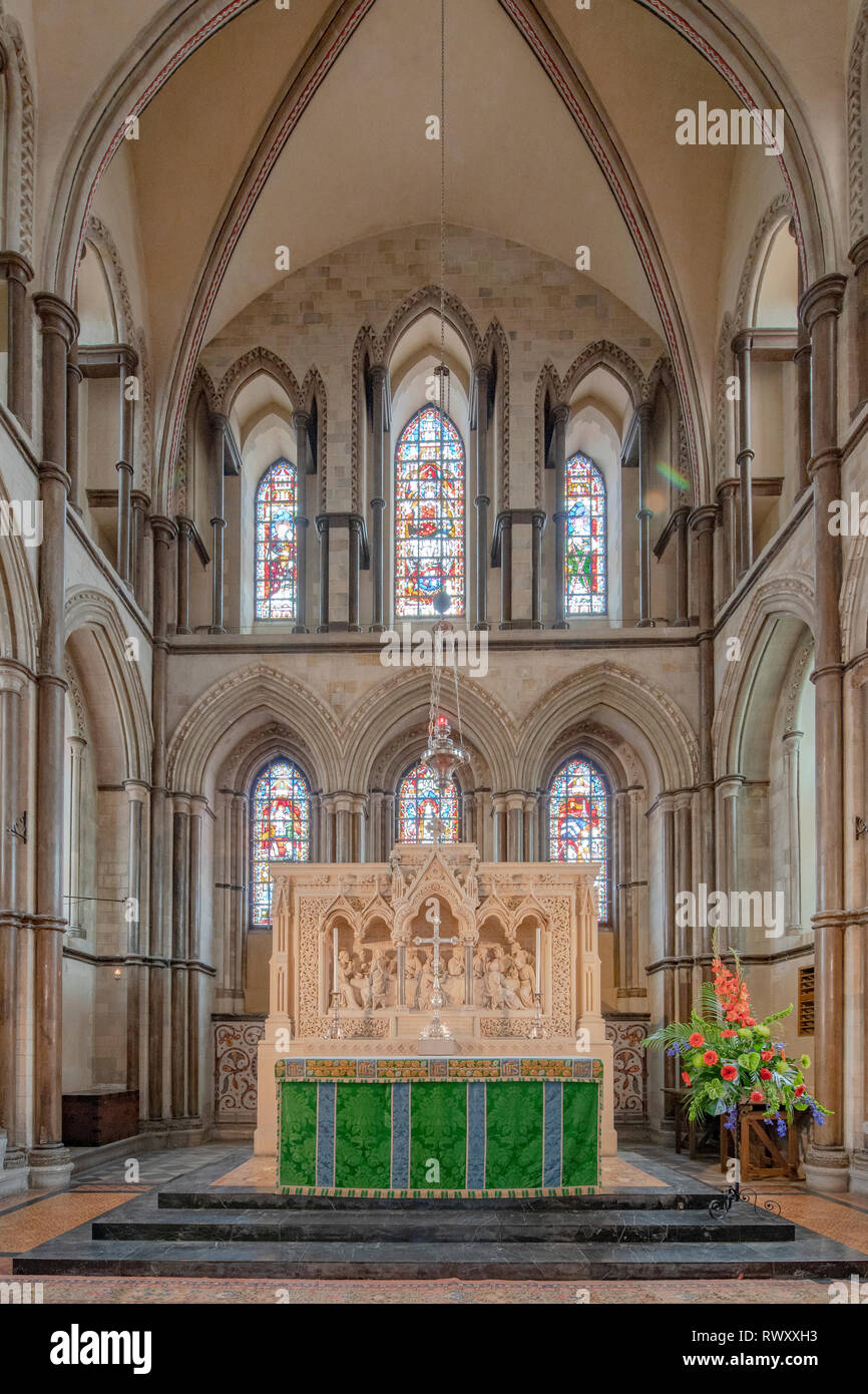 View of Rochester Cathedral, formally the Cathedral Church of Christ and the Blessed Virgin Mary in the Kent, South east England city or Rochester Stock Photo