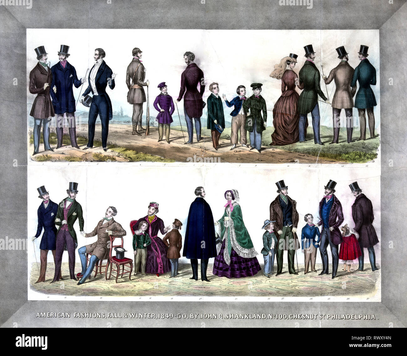 Print shows in two horizontal panels, at top, eight men, a woman, and four children standing outdoors along a dirt roadway, one man is dressed for hunting and carrying a rifle, and at bottom, six men, five children, and one woman are standing, and two men are sitting in a large drawing room, most are wearing hats and coats for going out. Each figure has a number beneath that may correspond to a catalog entry. Stock Photo
