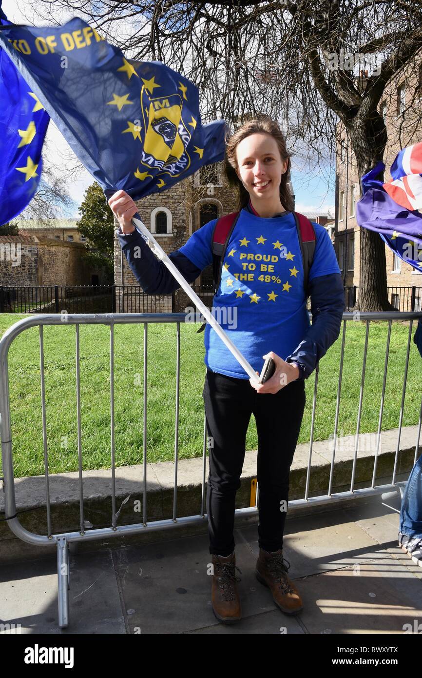 7th Mar 2019. Pro EU Remain protester,SODEM Stop Brexit protest, College Green, Houses of Parliament, Westminster, London.UK Credit: michael melia/Alamy Live News Stock Photo