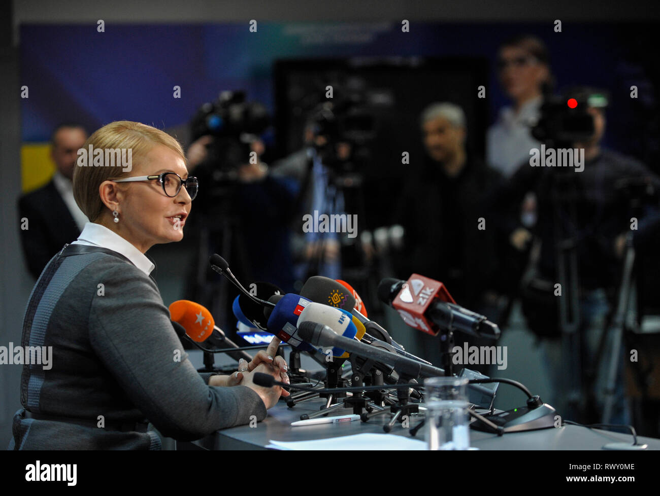 Leader of the Ukrainian political party seen during a press conference.  Ukrainian presidential candidate Yulia Tymoshenko has signed commitments to voters of Ukraine. Stock Photo