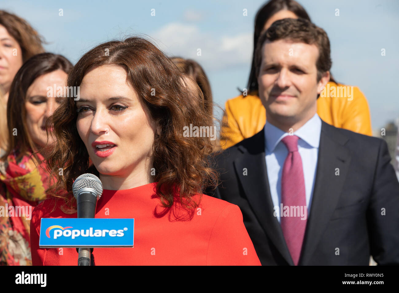 Isabel Diaz-Ayuso, candidate for president of Community of Madrid, seen speaking during the event. The president of the PP, Pablo Casado, closes an act with regional and municipal PP candidates on the occasion of International Women's Day. Stock Photo