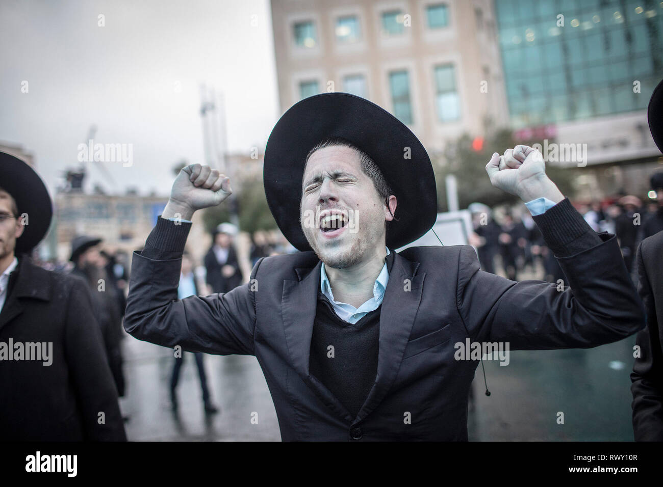 Jews Demonstrating Jerusalem. 07th Mar, 2019. An Ultra-Orthodox Jewish protester shouts ...