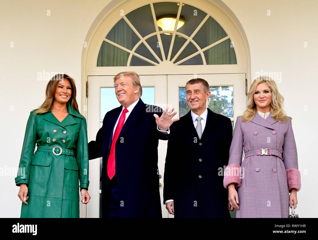 Washington, United States. 07th Mar, 2019. President Donald Trump, second left, and first lady Melania Trump, left, welcome Czech Prime Minister Andrej Babis, second right, and his wife Monika Babisova to the White House in Washington, USA, March 7, 2019. Credit: Roman Vondrous/CTK Photo/Alamy Live News Stock Photo