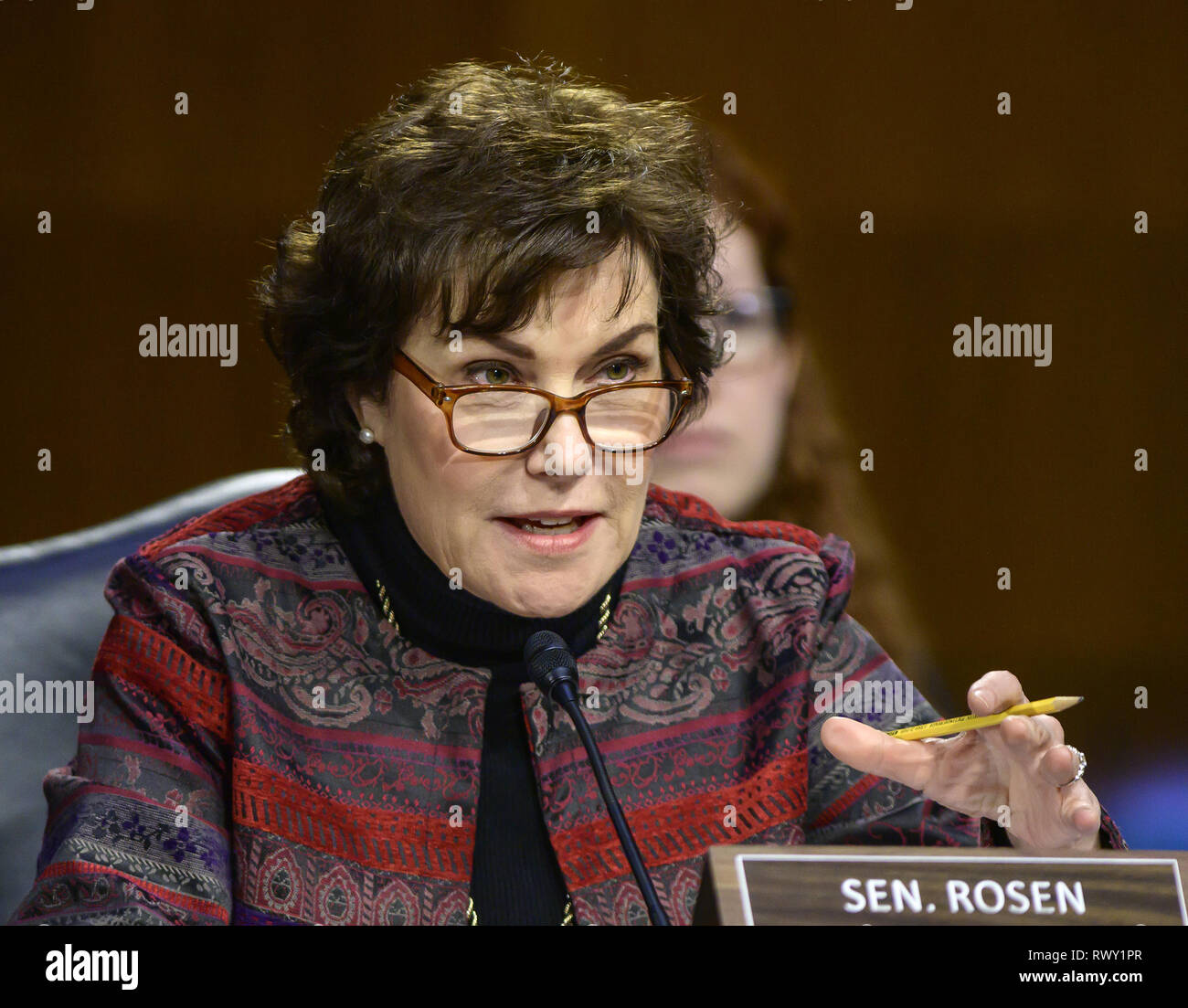 Washington, District of Columbia, USA. 7th Mar, 2019. United States Senator Jacky Rosen (Democrat of Nevada) questions witnesses as they testify before the US Senate Committee on Homeland Security and Governmental Affairs Permanent Subcommittee on Investigations during a hearing on ''Examining Private Sector Data Breaches'' on Capitol Hill in Washington, DC on Thursday, March 7, 2019 Credit: ZUMA Press, Inc./Alamy Live News Stock Photo