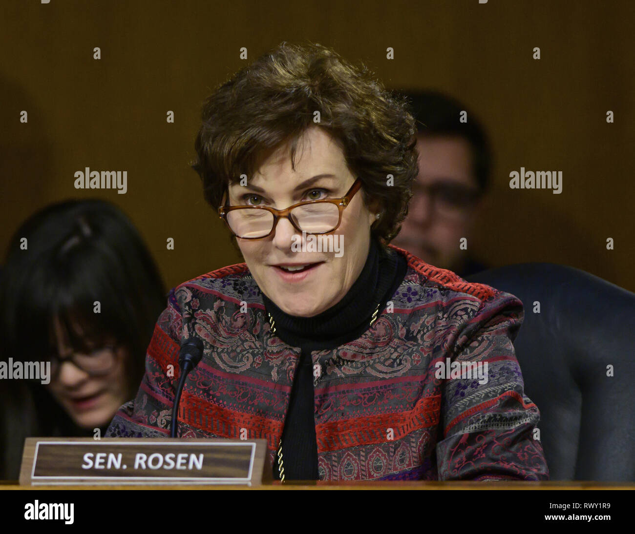 Washington, District of Columbia, USA. 7th Mar, 2019. United States Senator Jacky Rosen (Democrat of Nevada) questions witnesses as they testify before the US Senate Committee on Homeland Security and Governmental Affairs Permanent Subcommittee on Investigations during a hearing on ''Examining Private Sector Data Breaches'' on Capitol Hill in Washington, DC on Thursday, March 7, 2019 Credit: ZUMA Press, Inc./Alamy Live News Stock Photo