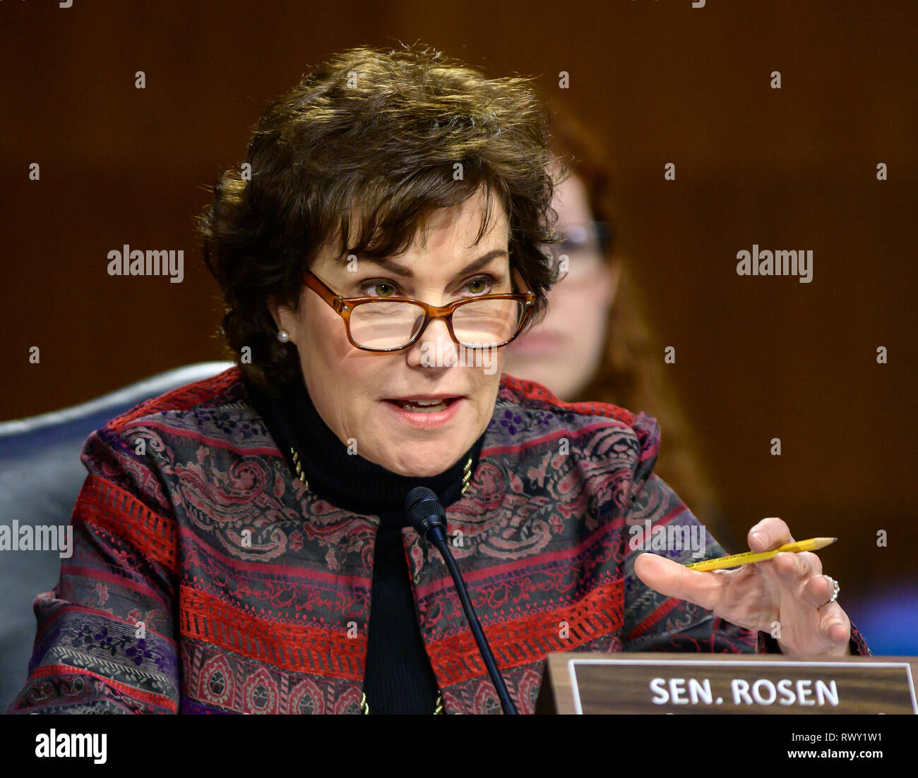 Washington, United States Of America. 07th Mar, 2019. United States Senator Jacky Rosen (Democrat of Nevada) questions witnesses as they testify before the US Senate Committee on Homeland Security and Governmental Affairs Permanent Subcommittee on Investigations during a hearing on 'Examining Private Sector Data Breaches' on Capitol Hill in Washington, DC on Thursday, March 7, 2019. Credit: Ron Sachs/CNP | usage worldwide Credit: dpa/Alamy Live News Stock Photo