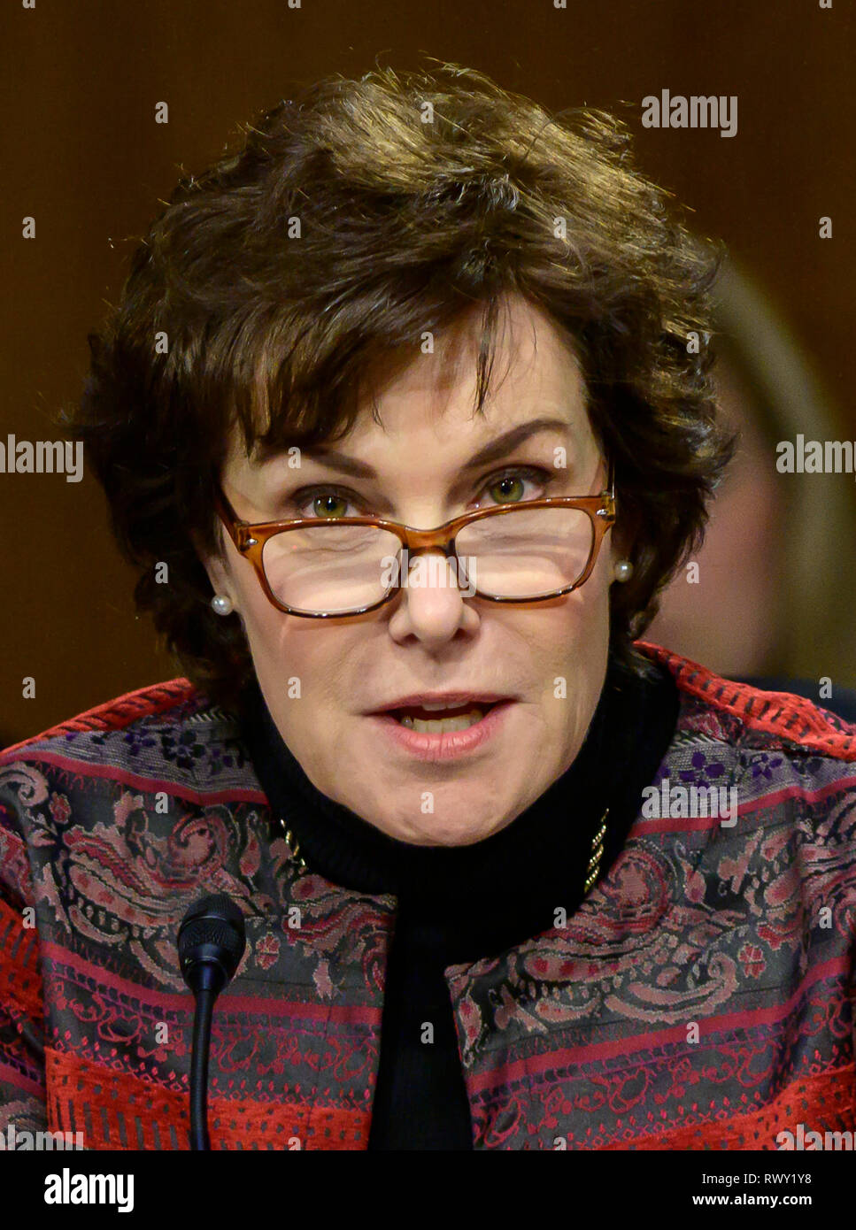 Washington, United States Of America. 07th Mar, 2019. United States Senator Jacky Rosen (Democrat of Nevada) questions witnesses as they testify before the US Senate Committee on Homeland Security and Governmental Affairs Permanent Subcommittee on Investigations during a hearing on 'Examining Private Sector Data Breaches' on Capitol Hill in Washington, DC on Thursday, March 7, 2019. Credit: Ron Sachs/CNP | usage worldwide Credit: dpa/Alamy Live News Stock Photo