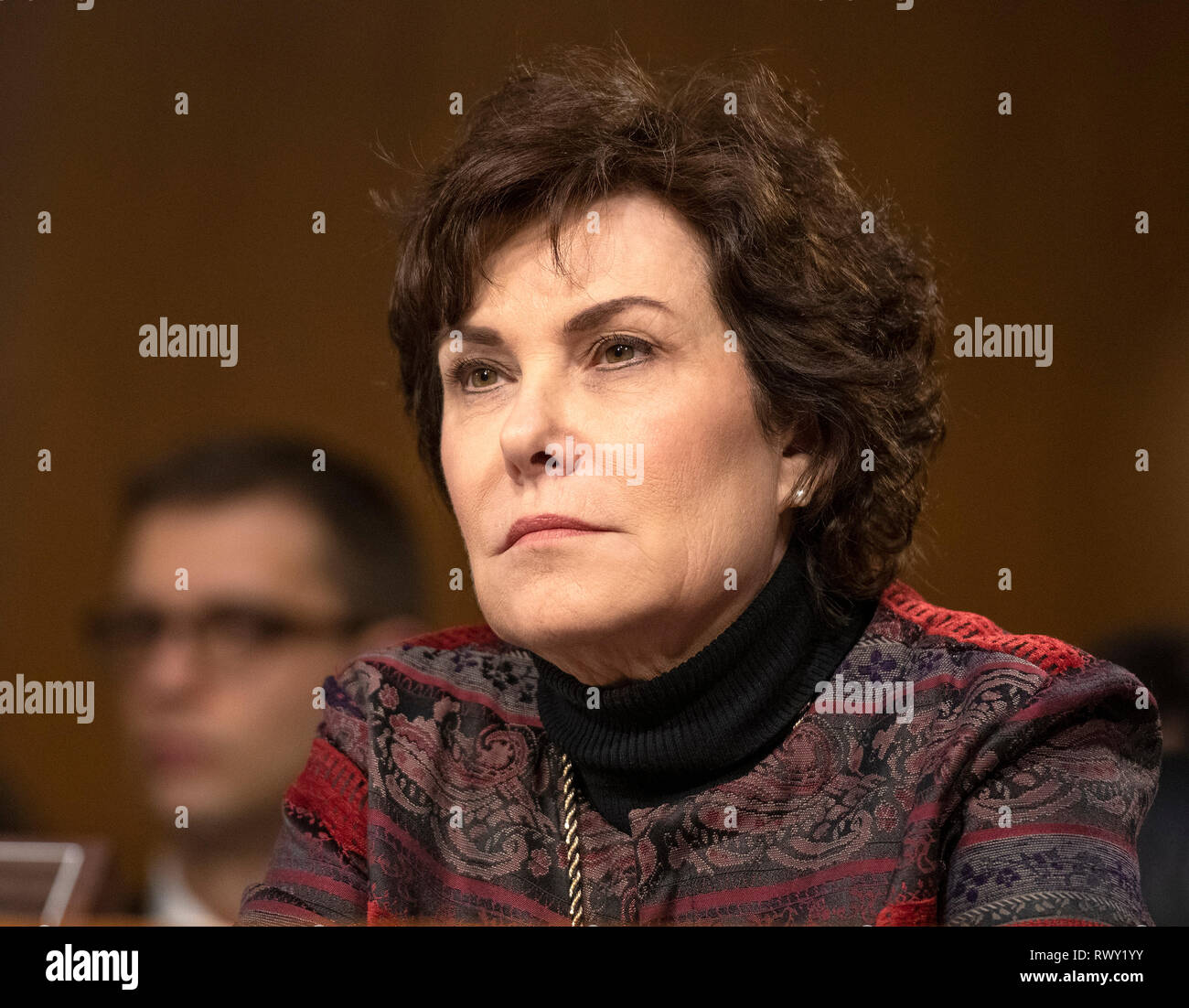 Washington, United States Of America. 07th Mar, 2019. United States Senator Jacky Rosen (Democrat of Nevada) listens to the testimony before the US Senate Committee on Homeland Security and Governmental Affairs Permanent Subcommittee on Investigations during a hearing on 'Examining Private Sector Data Breaches' on Capitol Hill in Washington, DC on Thursday, March 7, 2019. Credit: Ron Sachs/CNP | usage worldwide Credit: dpa/Alamy Live News Stock Photo