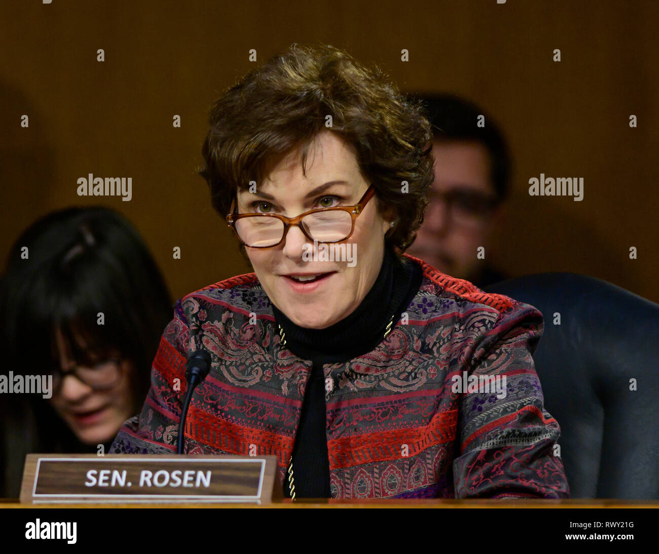 Washington, United States Of America. 07th Mar, 2019. United States Senator Jacky Rosen (Democrat of Nevada) questions witnesses as they testify before the US Senate Committee on Homeland Security and Governmental Affairs Permanent Subcommittee on Investigations during a hearing on 'Examining Private Sector Data Breaches' on Capitol Hill in Washington, DC on Thursday, March 7, 2019. Credit: Ron Sachs/CNP | usage worldwide Credit: dpa/Alamy Live News Stock Photo