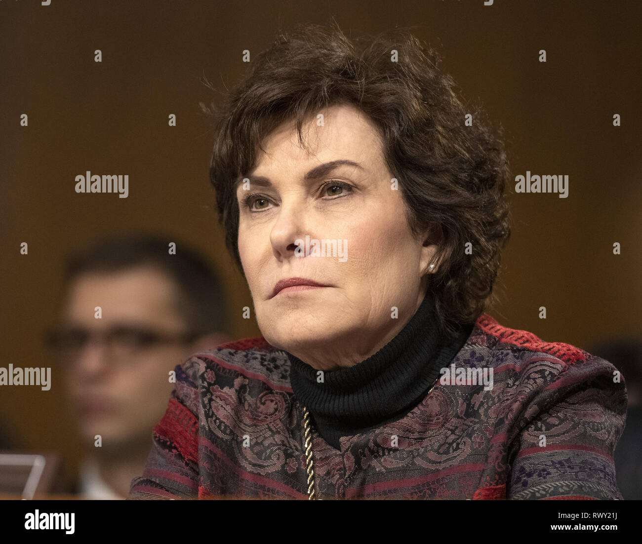 Washington, District of Columbia, USA. 7th Mar, 2019. United States Senator Jacky Rosen (Democrat of Nevada) listens to the testimony before the US Senate Committee on Homeland Security and Governmental Affairs Permanent Subcommittee on Investigations during a hearing on ''Examining Private Sector Data Breaches'' on Capitol Hill in Washington, DC on Thursday, March 7, 2019 Credit: ZUMA Press, Inc./Alamy Live News Stock Photo