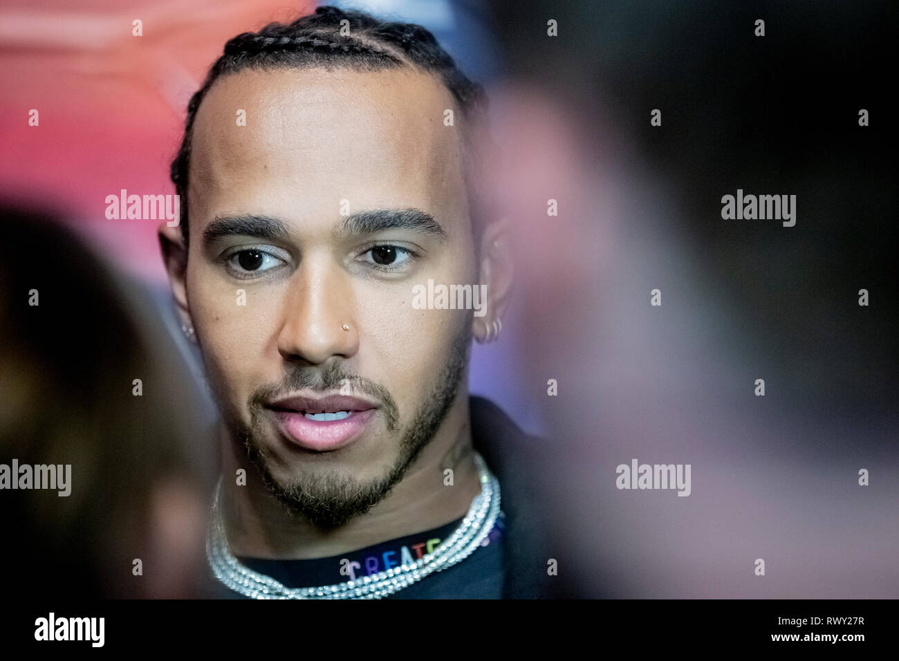 Berlin, Germany. 07th Mar, 2019. Lewis Hamilton, racing driver, gives an  interview at the Tommy Hilfiger CREATExUNITY event. Credit: Christoph  Soeder/dpa/Alamy Live News Stock Photo - Alamy