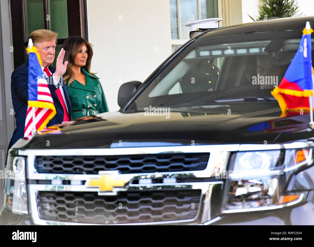 Washington, United States. 07th Mar, 2019. President Donald Trump, left, and first lady Melania Trump welcome Czech Prime Minister Andrej Babis, not seen, and his wife Monika Babisova, not seen, to the White House in Washington, USA, March 7, 2019. Credit: Roman Vondrous/CTK Photo/Alamy Live News Stock Photo