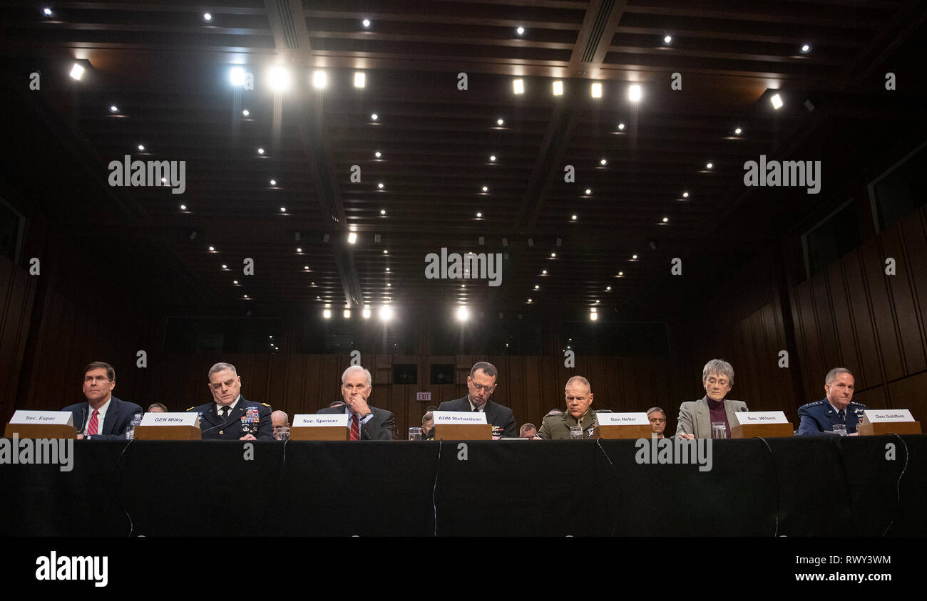 From left to right: United States Secretary of the Army Dr. Mark T. Esper; US Army General Mark A. Milley, Chief of Staff of the Army; US Secretary of the Navy Richard V. Spencer; US Navy Admiral John M. Richardson, Chief of Naval Operations; US Marine Corps General Robert B. Neller, Commandant of the Marine Corps; US Secretary of the Air Force Heather Wilson; and US Air Force General David L. Goldfein, Chief of Staff of the Air Force testify before the US Senate Committee on Armed Services during a hearing on "Chain of Command's Accountability to Provide Safe Military Housing and Other Buildi Stock Photo