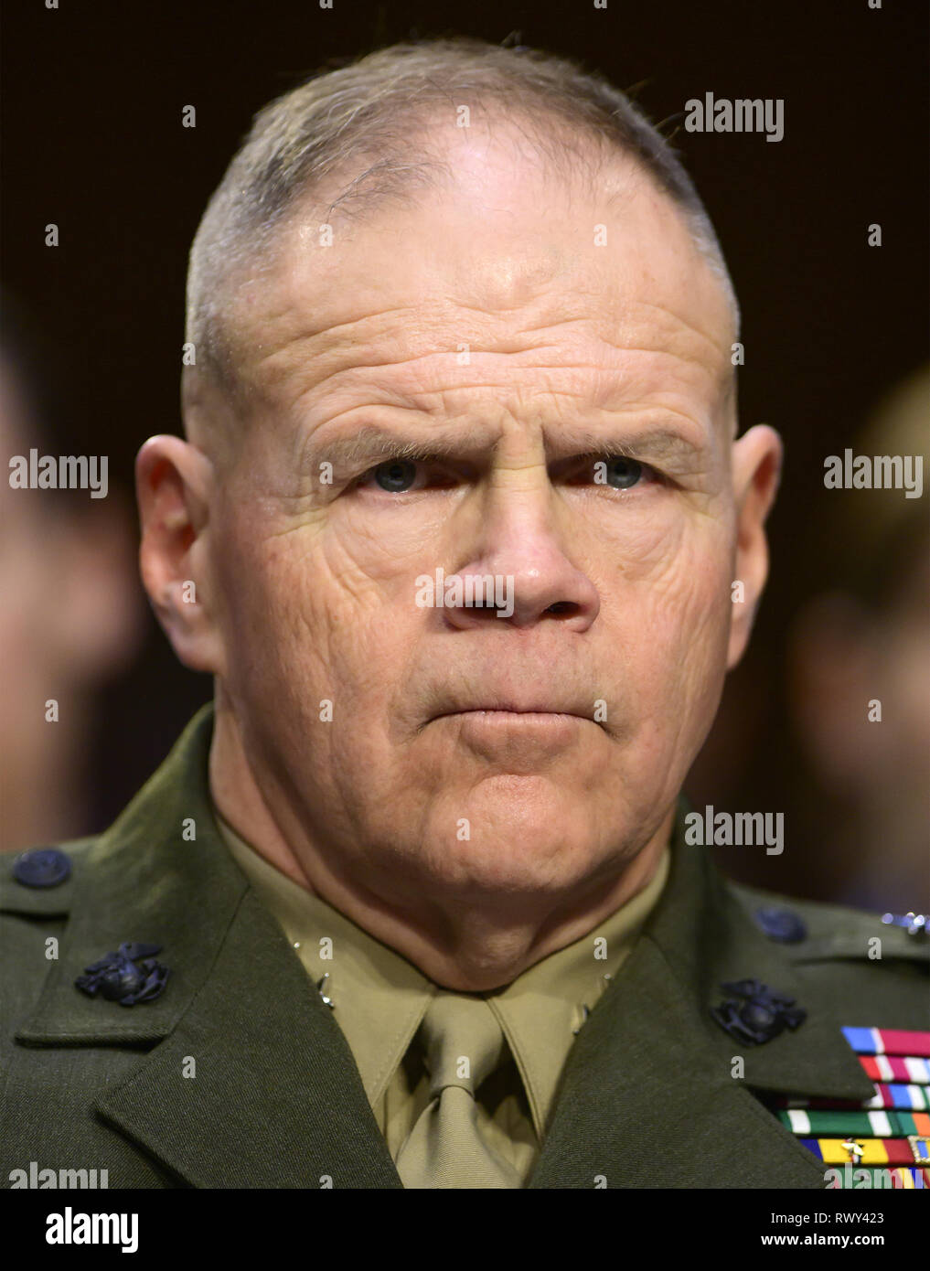 Washington, District of Columbia, USA. 7th Mar, 2019. United States Marine Corps General Robert B. Neller, Commandant of the Marine Corps testifies before the US Senate Committee on Armed Services during a hearing on ''Chain of Command's Accountability to Provide Safe Military Housing and Other Building Infrastructure to Service members and Their Families'' on Capitol Hill in Washington, DC on Thursday, March 7, 2019 Credit: Ron Sachs/CNP/ZUMA Wire/Alamy Live News Stock Photo