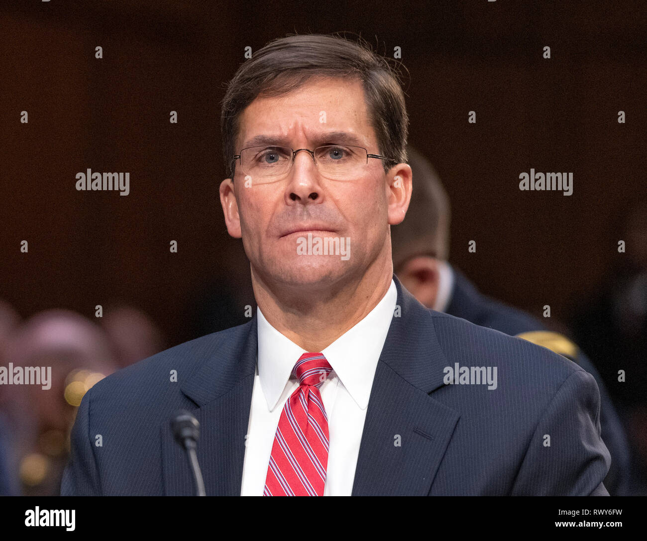 United States Secretary of the Army Dr. Mark T. Esper testifies before the US Senate Committee on Armed Services during a hearing on 'Chain of Command's Accountability to Provide Safe Military Housing and Other Building Infrastructure to Service members and Their Families' on Capitol Hill in Washington, DC on Thursday, March 7, 2019. Credit: Ron Sachs/CNP/MediaPunch Stock Photo