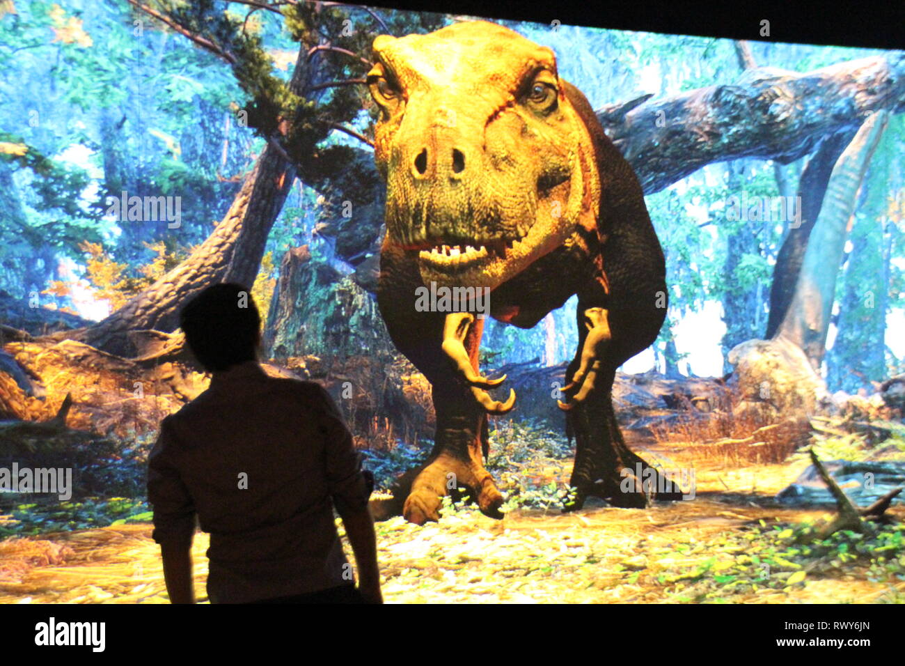 05 March 2019, US, New York: A Tyrannosaurus rex can be seen in an  interactive video game at the press preview of the exhibition 