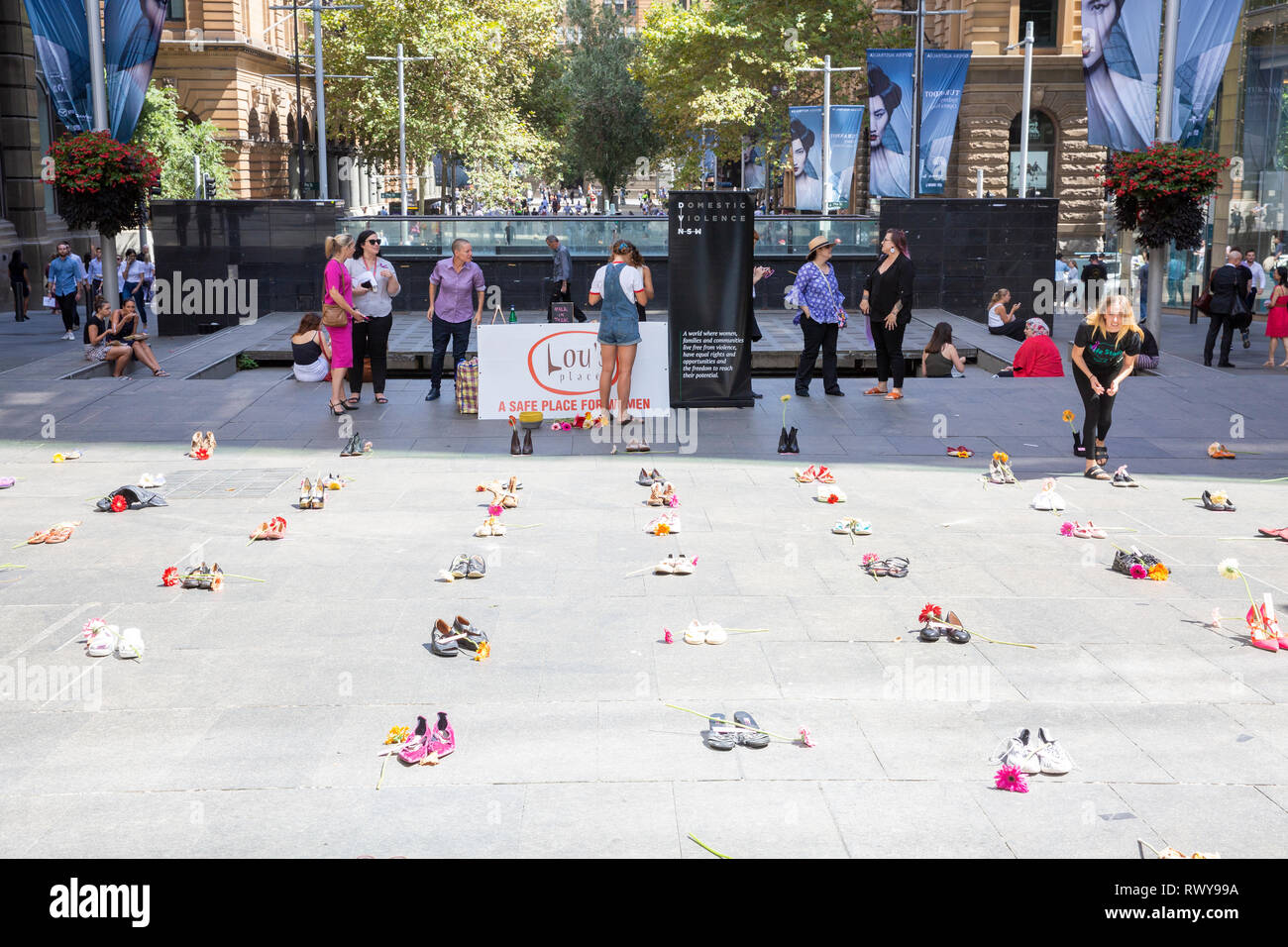 Sydney, Australia. 8th Mar, 2019. Lou's place is a refuge for women in Kings Cross, Sydney. Here in Martin Place is placed one pair of womens shoes that represent each woman who died in 2018 as a result of domestic violence in Australia, Martin Place, Sydney city centre, Australia. Friday 8th March 2019. Credit: martin berry/Alamy Live News Stock Photo