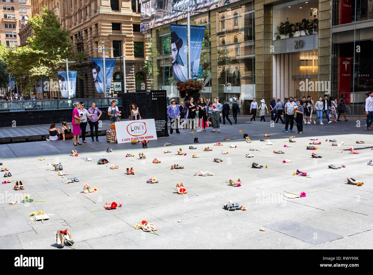 Sydney, Australia. 8th Mar, 2019. Lou's place is a refuge for women in Kings Cross, Sydney. Here in Martin Place is placed one pair of womens shoes that represent each woman who died in 2018 as a result of domestic violence in Australia, Martin Place, Sydney city centre, Australia. Friday 8th March 2019. Credit: martin berry/Alamy Live News Stock Photo