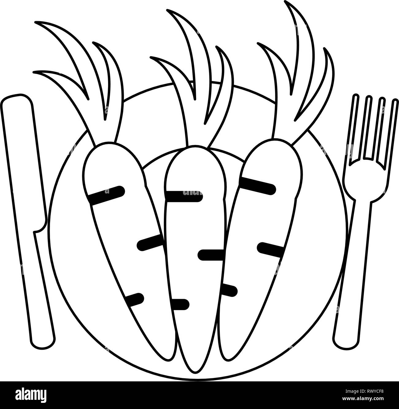 healthy food carrot on dish with cutlery in black and white Stock ...