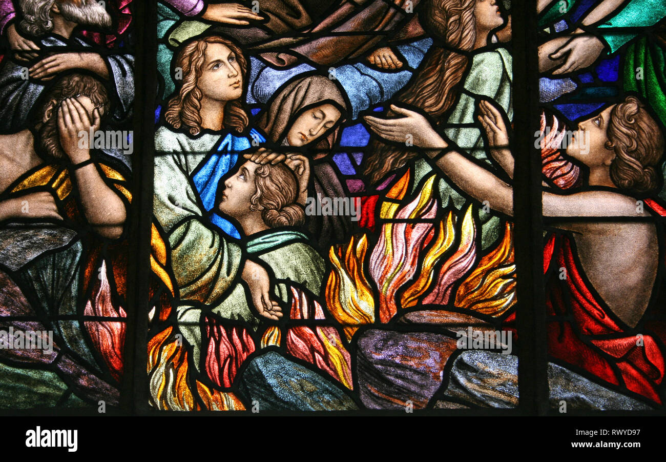 Fires of Hell Stained Glass Window In Basílica de Nuestra Señora de Los Ángeles, Cartago, Costa Rica Stock Photo