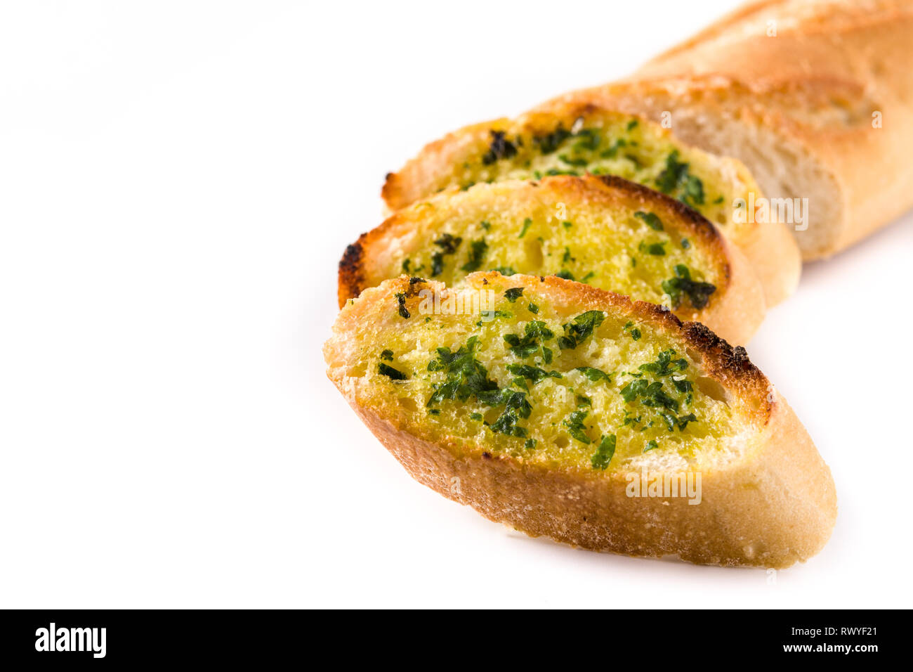 Garlic breads slice isolated on white background. Copyspace Stock Photo