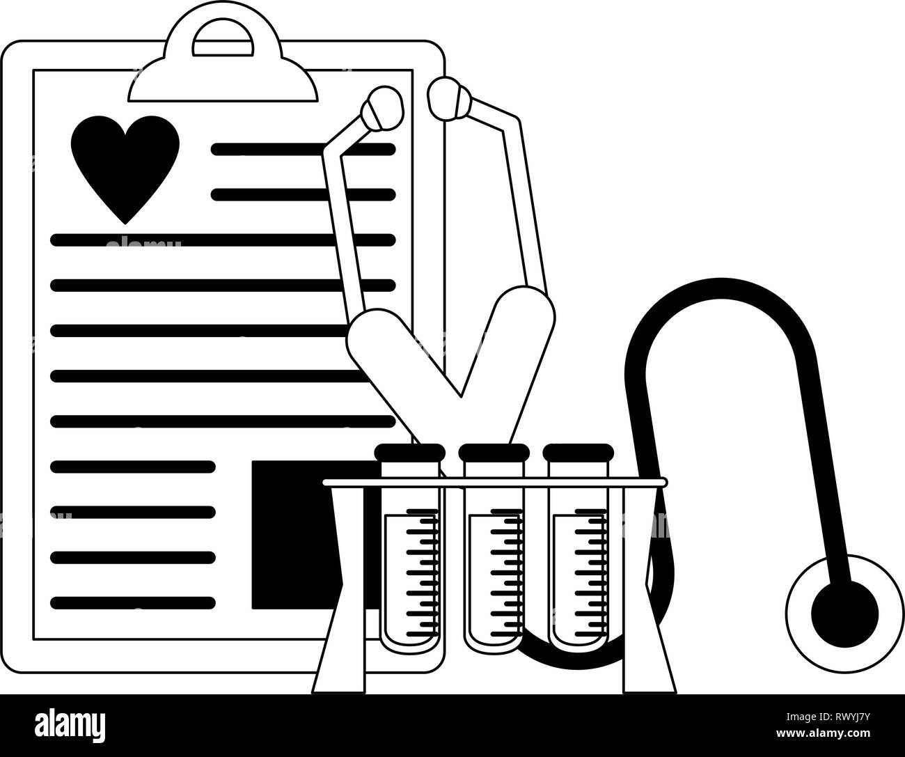 medical clipboard and test tubes with stethoscopes in black and white ...