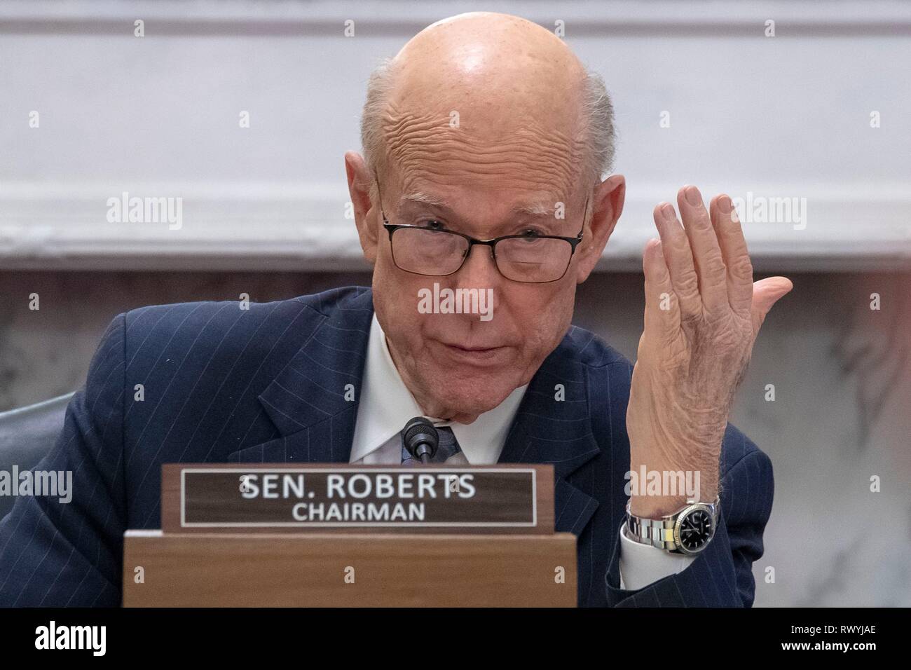 U.S. Senator Pat Roberts of Kansas, questions Agriculture Secretary Sonny Perdue during a hearing at the Senate Agriculture, Nutrition, and Forestry committee hearing on implementing the Agriculture Improvement Act of 2018 on Capitol Hill February 28, 2019 in Washington, D.C. Stock Photo