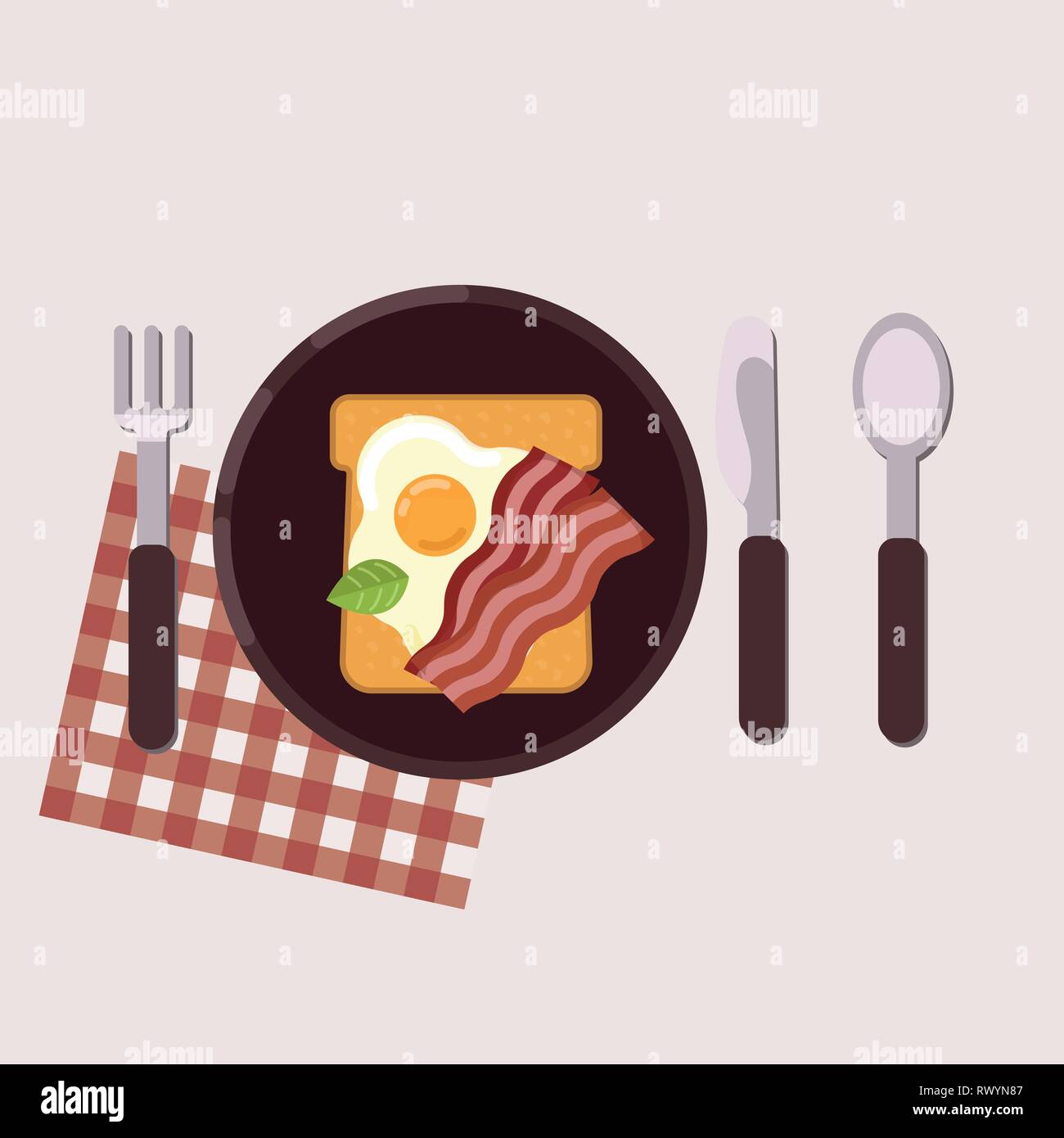 Toast with fried egg and fried bacon served on a plate with fork, knife, spoon and napkin. Healthy food. Vector illustration. Stock Vector