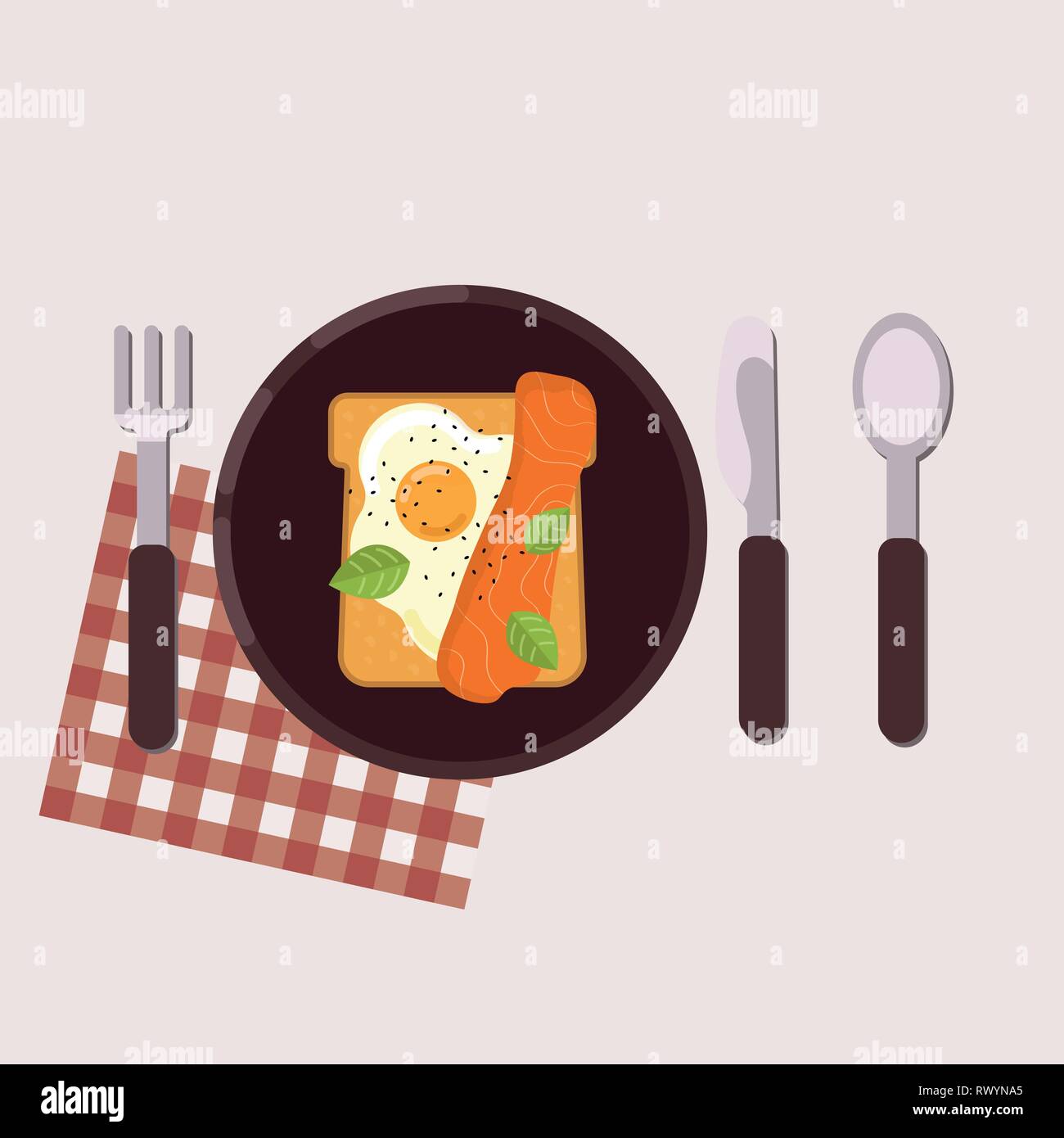 Toast with fried egg and smoked salmon served on a plate with fork, knife, spoon and napkin. Healthy food. Vector illustration. Stock Vector