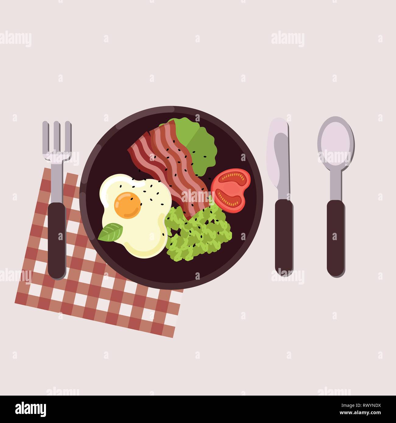 Breakfast concept. Fried egg, avocado paste, tomato and bacon served on a plate with fork, knife, spoon and napkin. Healthy food. Vector illustration. Stock Vector