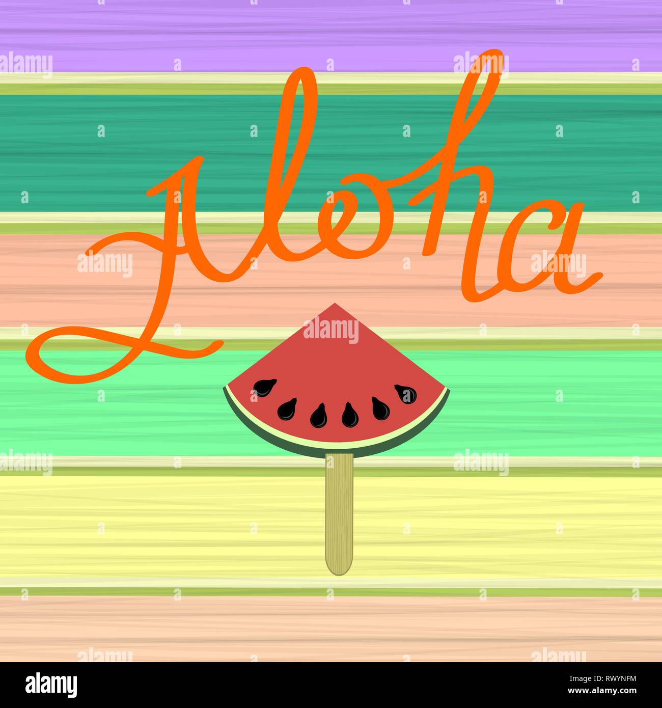 Lettering Vacation Text with Part of Watermelon on Colorful Wooden Planks. Hand Sketched Aloha Typography Sign Stock Vector