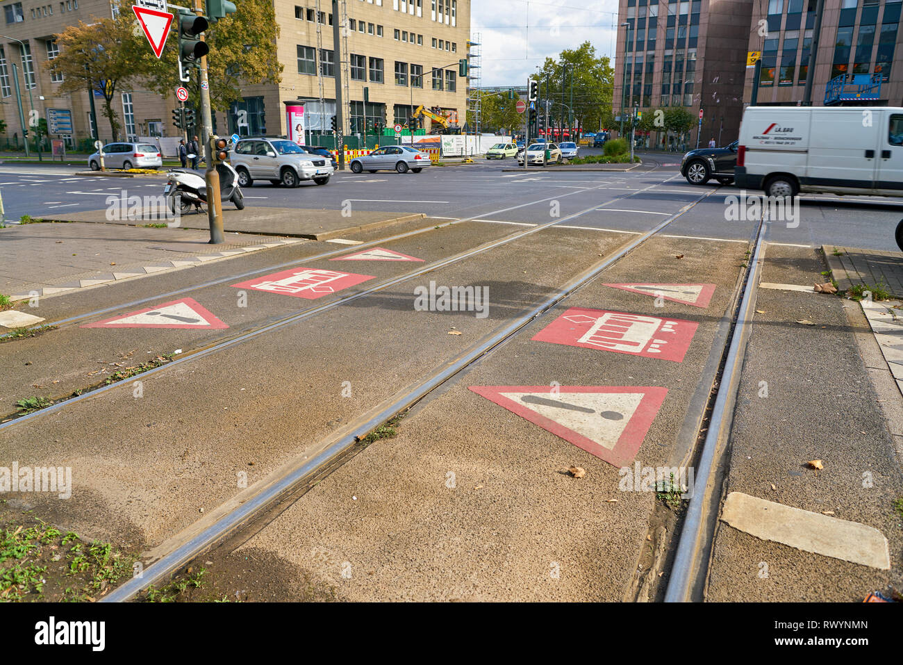 Tramway Sign DUSSELDORF, GERMANY - CIRCA SEPTEMBER, 2018: tramway signs on a road in ...