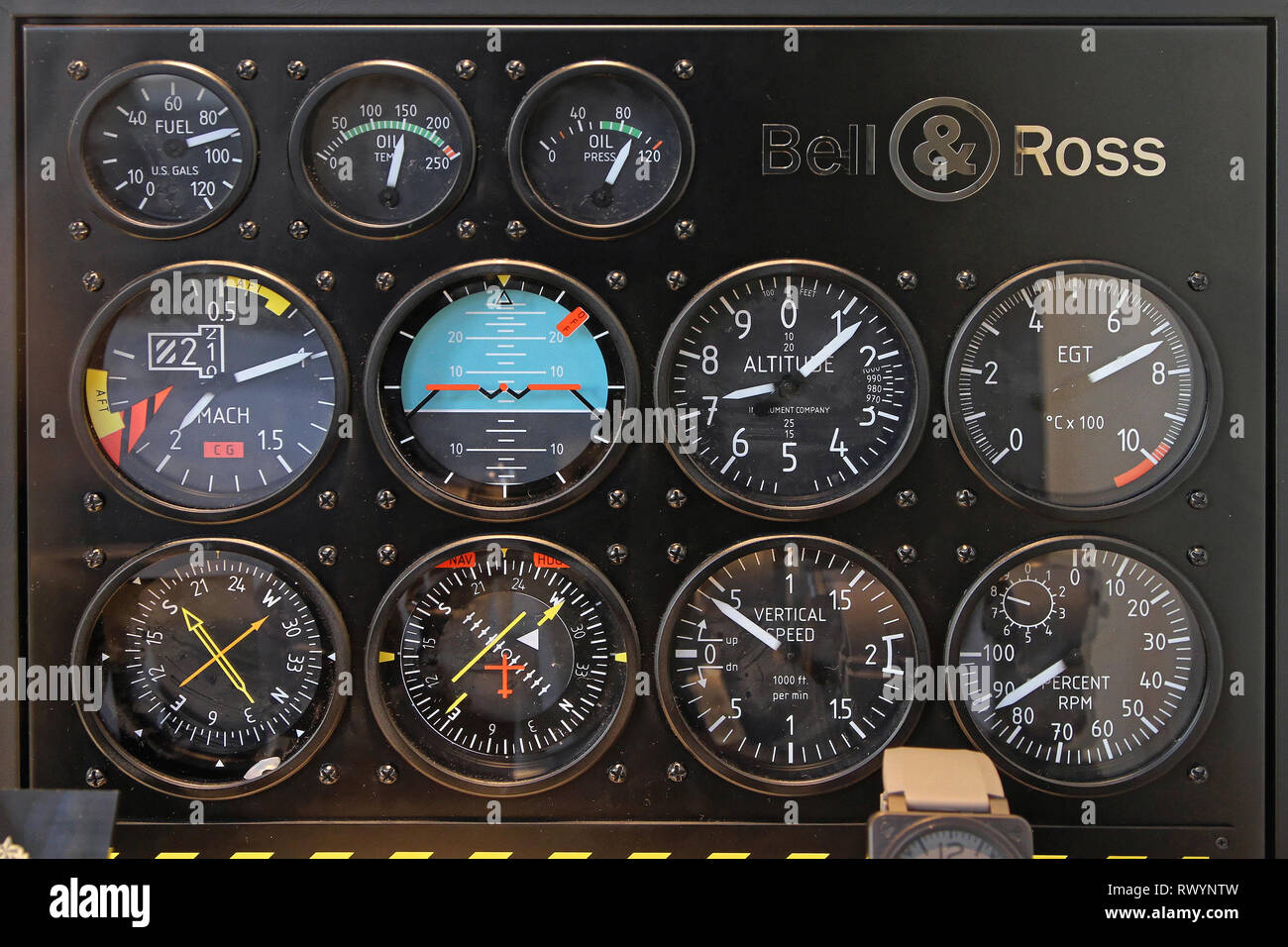 Paris, France - January 07, 2010: Bell and Ross Display Case With Flight Instruments Panel in Paris, France. Stock Photo