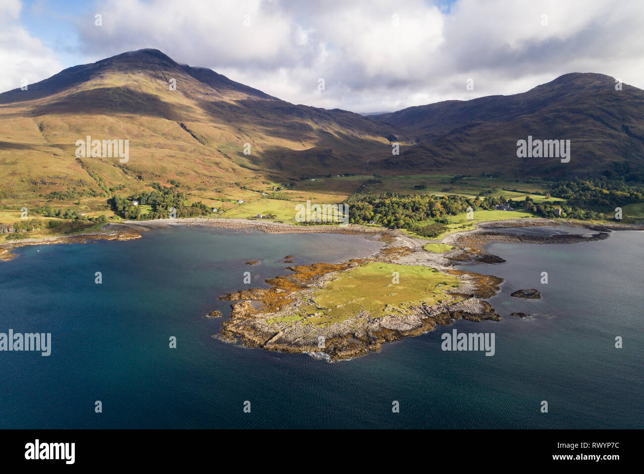 Aerial image showing the shoreline and mountains of Loch Buie, location of the cult 1940's film 'I Know Where I'm Going'. Stock Photo