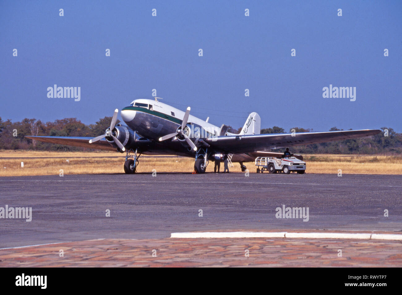 Dakota aircraft at Kariba airport, Zimbabwe Stock Photo