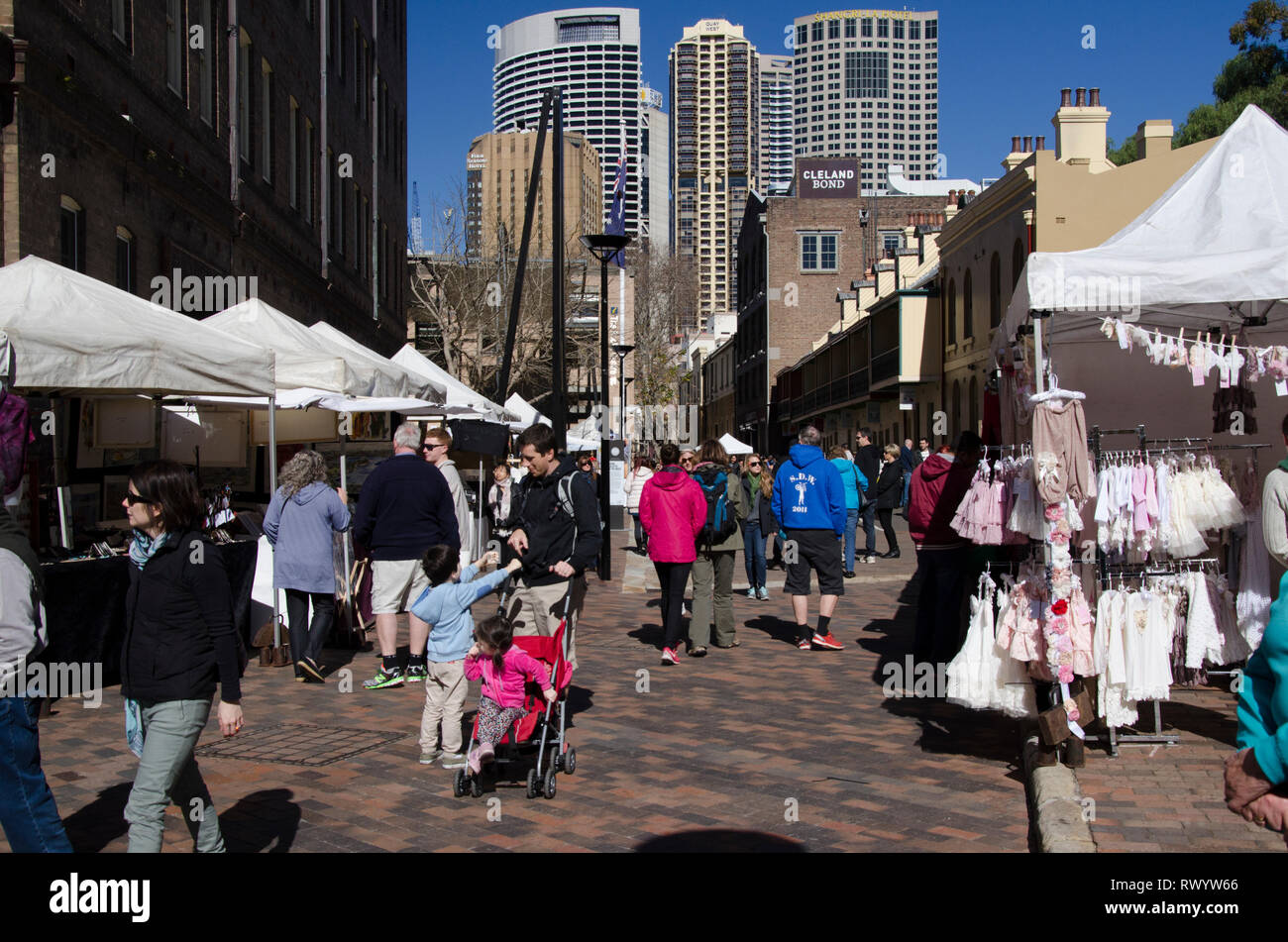 A market in Sydneys historical urban district. Stock Photo