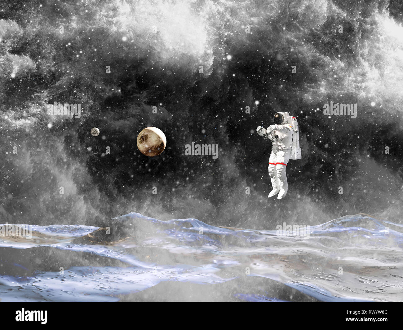 Spaceman in a spacesuit in outer space. Astronaut landing on a planet. Cosmonaut explore unknown planet. Elements of this image furnished by NASA Stock Photo