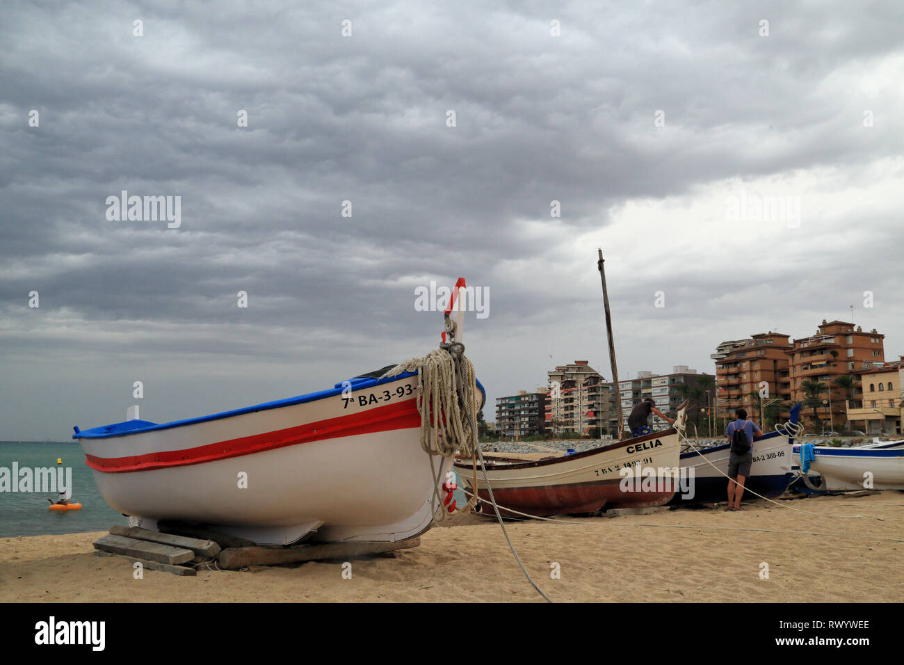 Fishing boat at beach near Barcelona Stock Photo