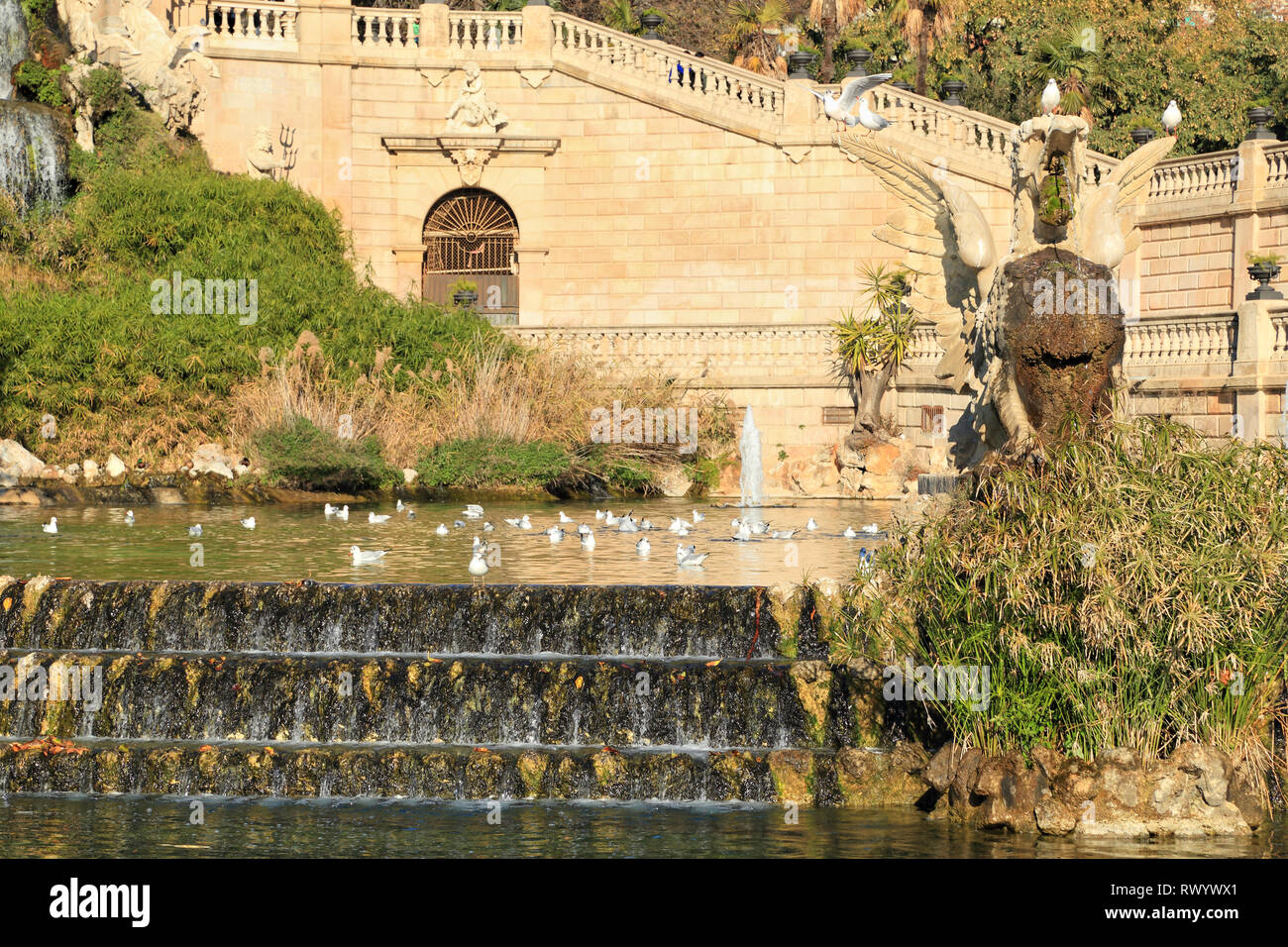 Waterfall cascade, Parc de la Ciutadella, Barcelona Stock Photo