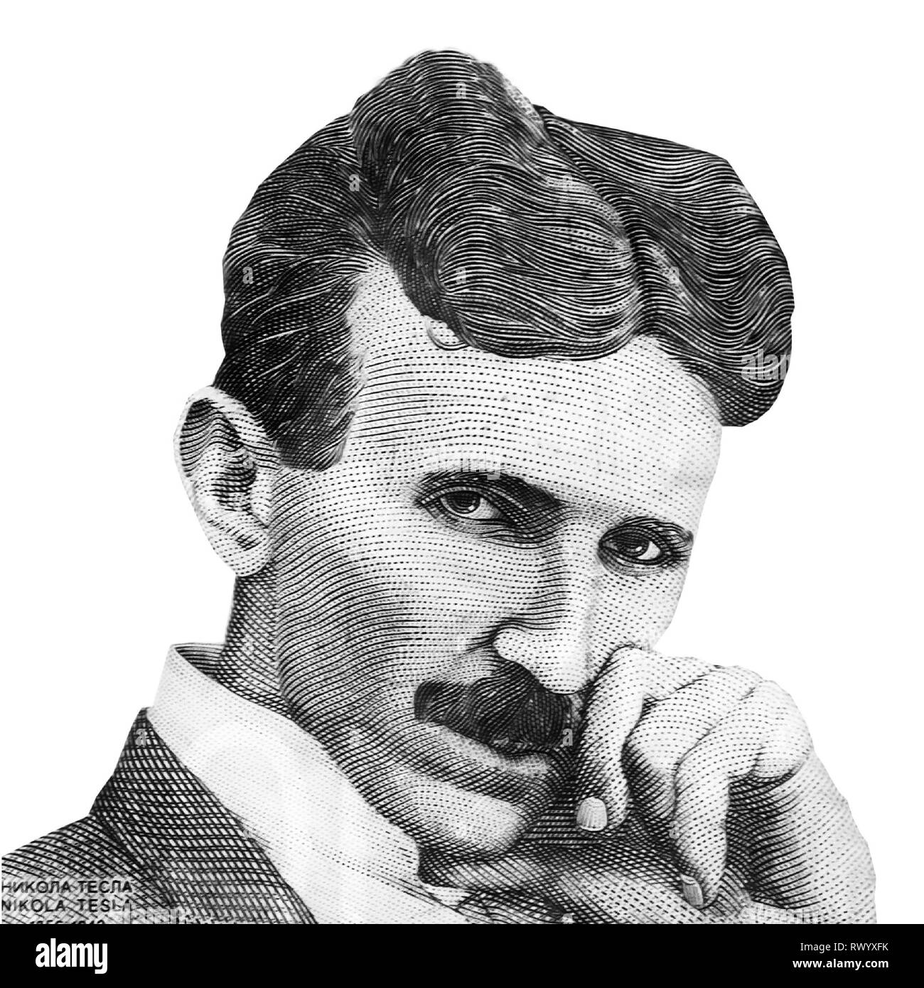 Nikola Tesla portrait on Serbia 100 dinars banknote close-up. Black and white isolated image on white background Stock Photo