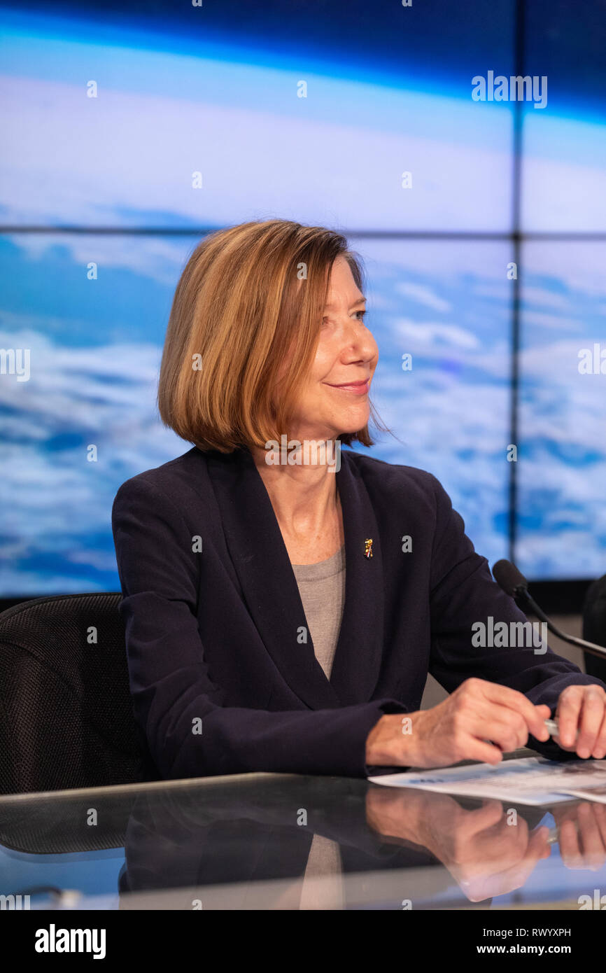 Kathy Lueders, manager, NASA Commercial Crew Program, speaks to the media during a prelaunch news conference following the historic launch of the first commercial crew capsule Demo-1 at the Kennedy Space Center February 28, 2019 in Cape Canaveral, Florida. Stock Photo