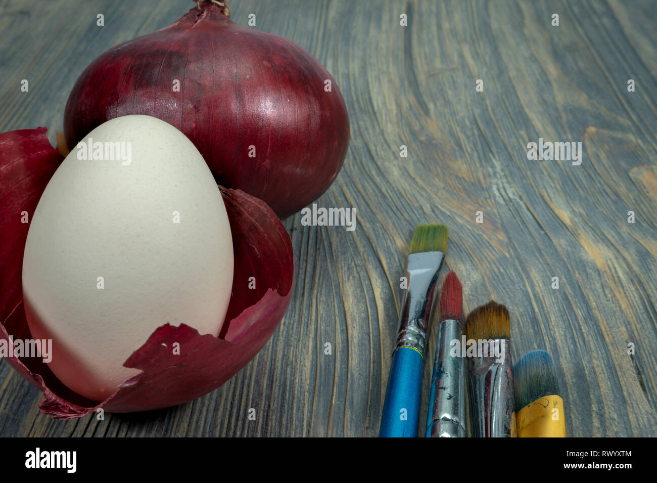 Fresh whole red onion, egg balancing in a dried onion skin. Making