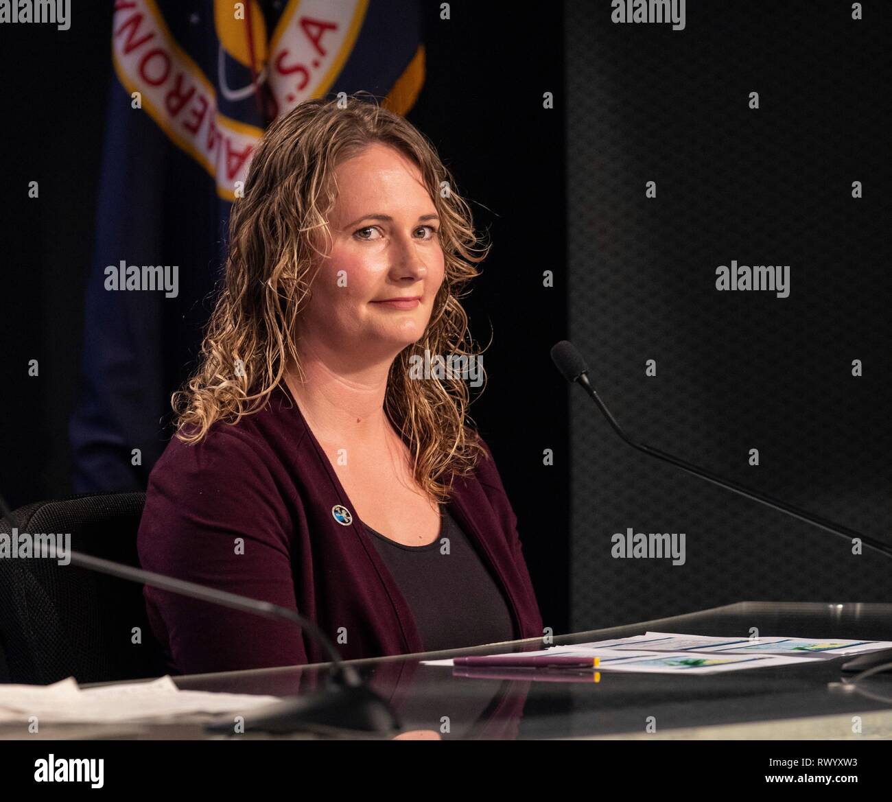 Melody C. Lovin, launch weather officer, 45th Weather Squadron, speaks to members of the media during a prelaunch news conference prior to the launch of the first commercial crew capsule Demo-1 at the Kennedy Space Center February 28, 2019 in Cape Canaveral, Florida. Stock Photo