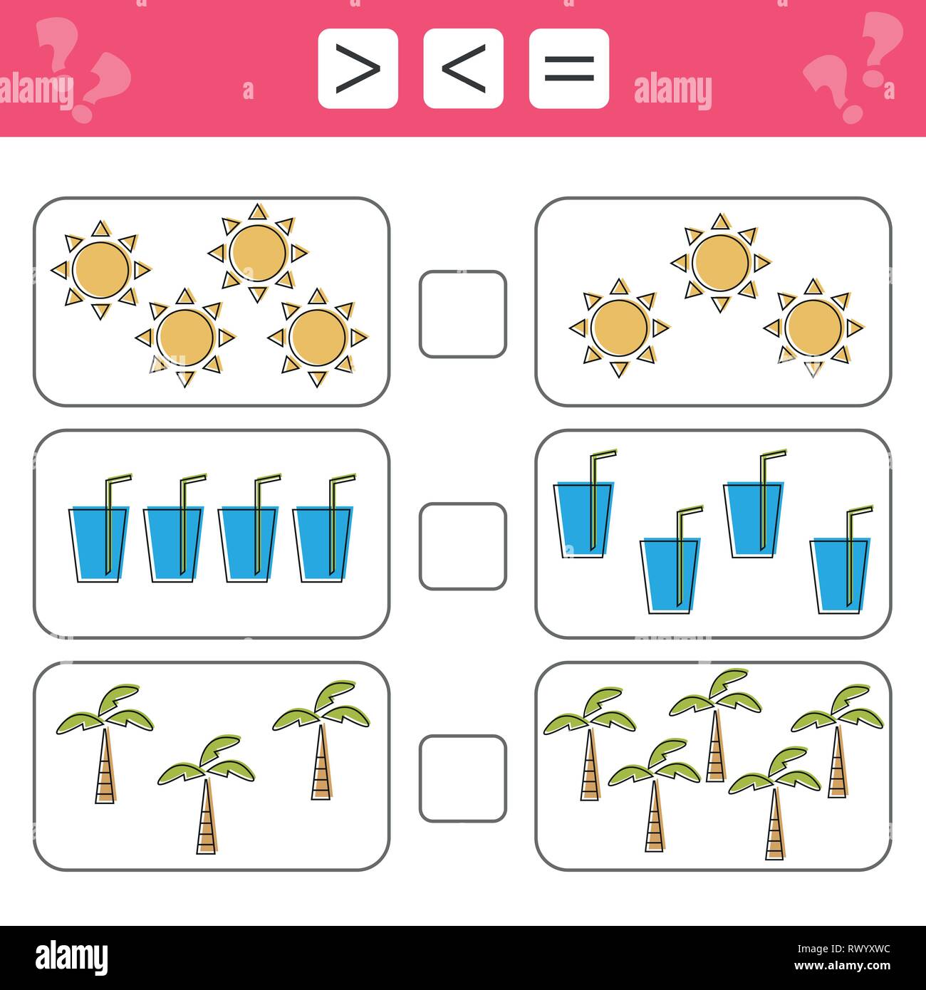 Learning mathematics, numbers - choose more, less or equal. Tasks for children, worksheet for kids. Count how many summer items and write result Stock Vector