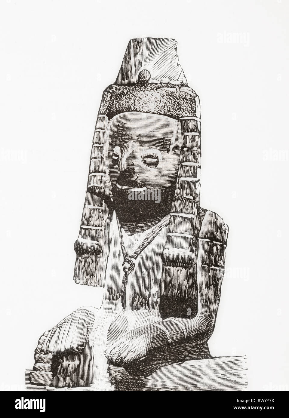 Ceramic figure with an Egyptian aspect from Chibcha, Cundimarca, Bogota, South America.  From La Ilustracion Artistica, published 1887. Stock Photo