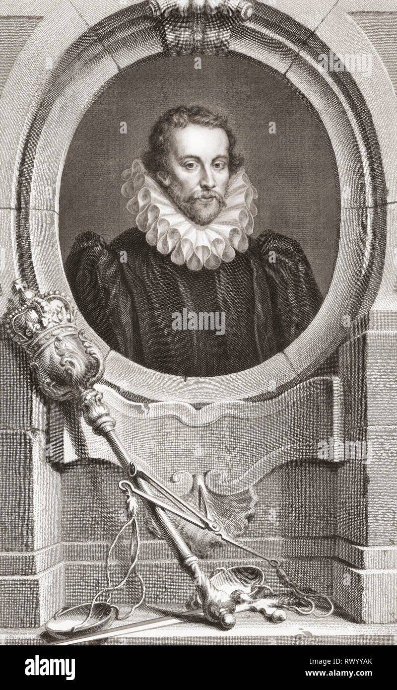 Sir Edward Coke, 1552 - 1634.  British barrister, judge and politician.  From the 1813 edition of The Heads of Illustrious Persons of Great Britain, Engraved by Mr. Houbraken and Mr. Vertue With Their Lives and Characters. Stock Photo