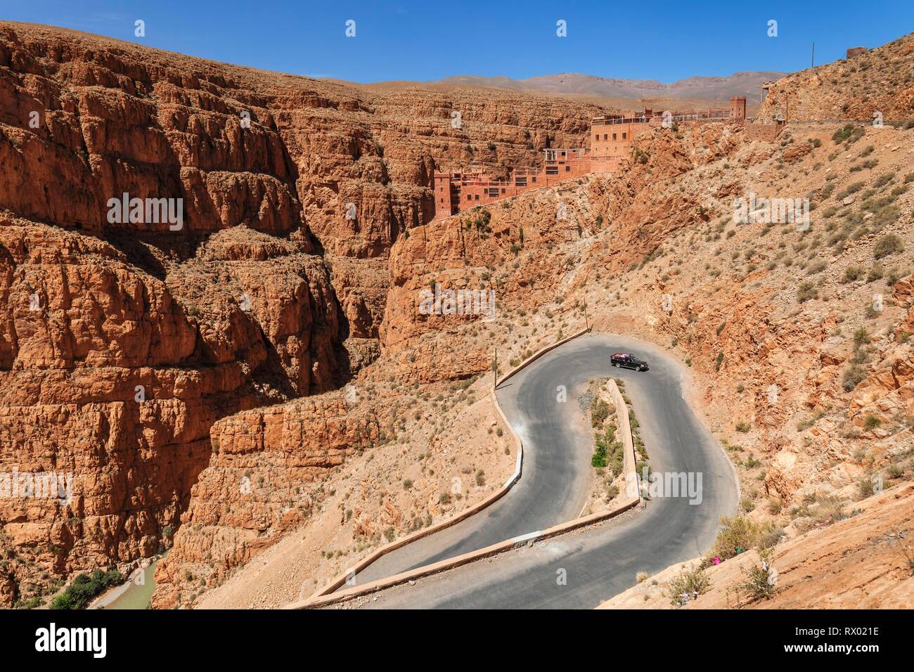 Hotel and restaurant above the Dades Gorge, Atlas, Morocco Stock Photo
