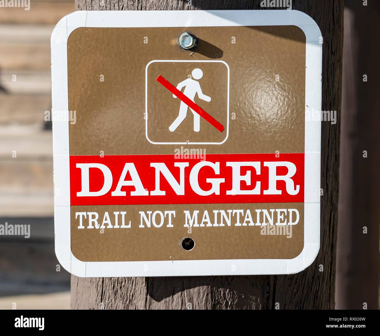 Sign Danger, Trail not maintained, signpost, road not maintained, Yellowstone National Park, Wyoming, USA Stock Photo