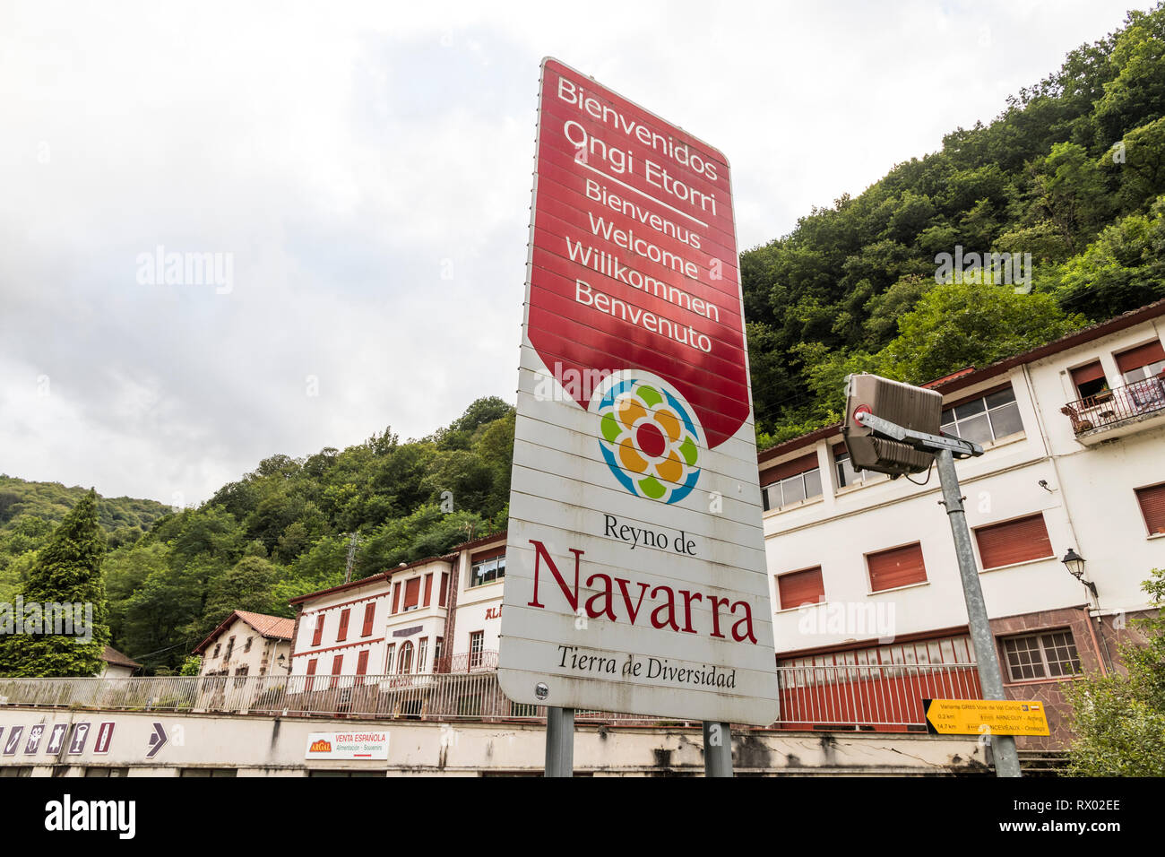 Pekotxeta, Spain. Welcome sign in Spanish and Basque at the entrance to the region of Navarra in the border with France at the Pyrenees Stock Photo