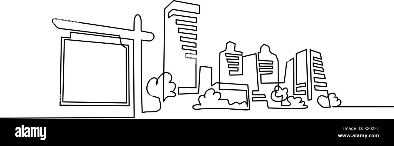 Continuous one line drawing. Building Cityscape Line Art Silhouette with sale billboard. Vector illustration Stock Vector